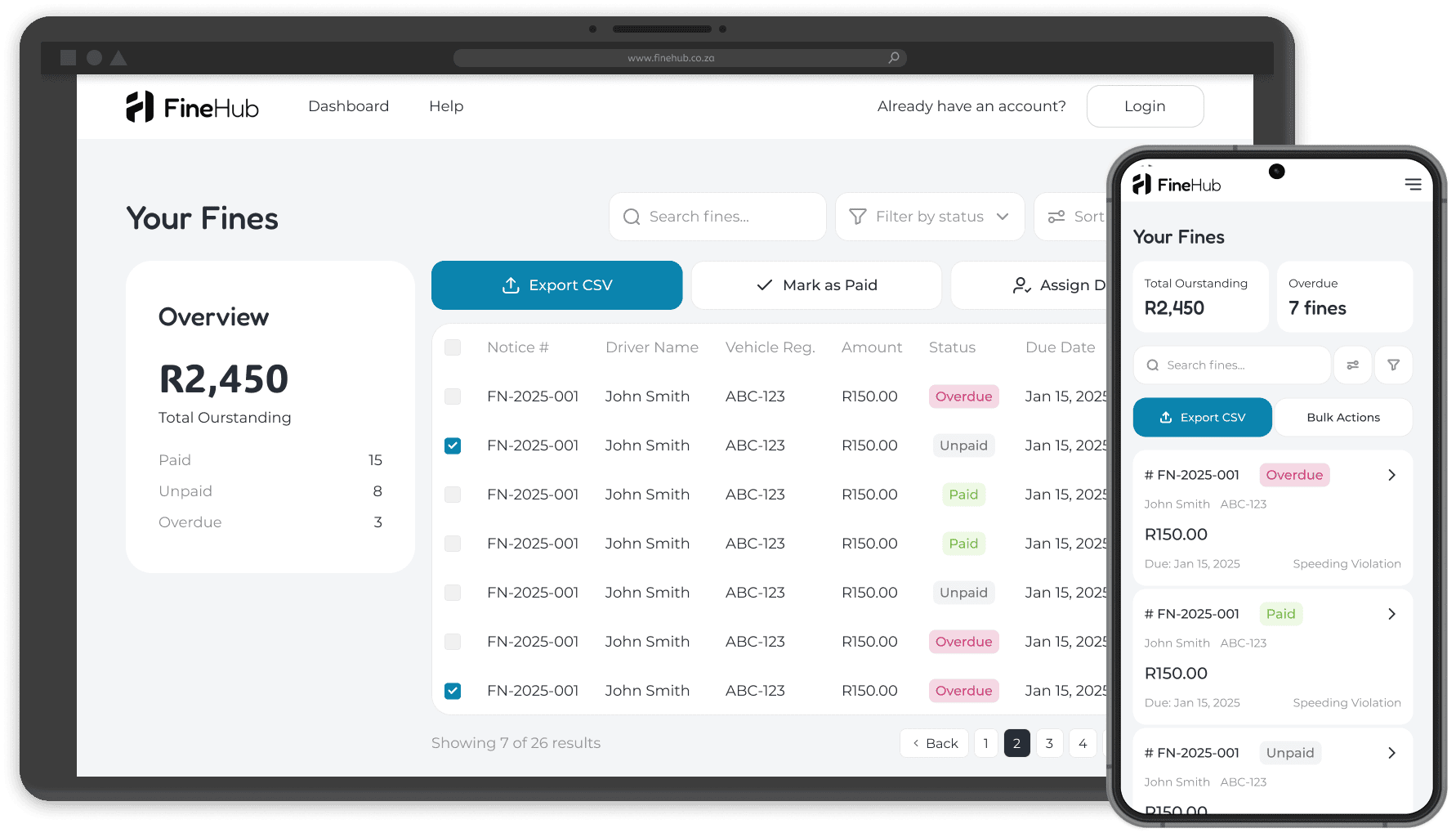 The FineHub platform showing a fleet's fines filtered by vehicle, driver, region and date